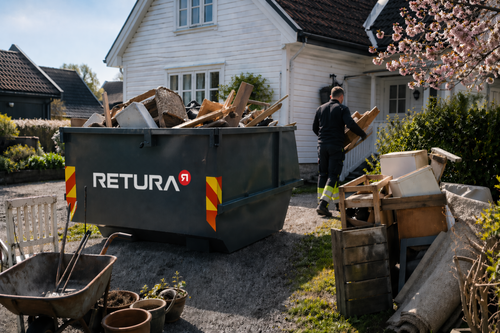 Mann som bærer plank ved container utenfor hvitt hus