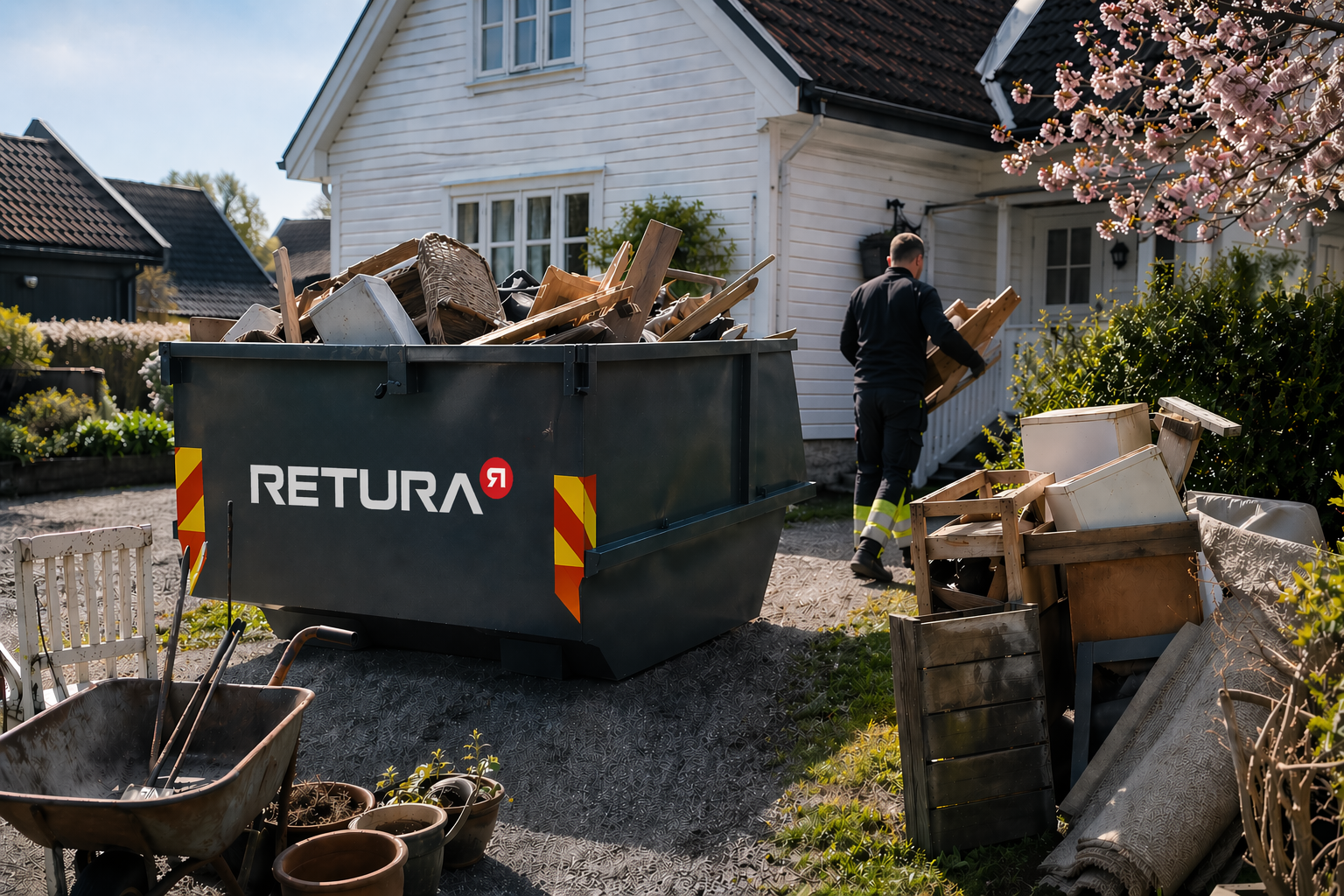 Mann som bærer plank ved container utenfor hvitt hus